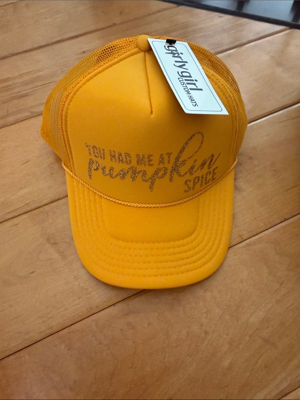 Yellow 'You Had Me At Pumpkin Spice' youth size (short bill) Trucker Hat